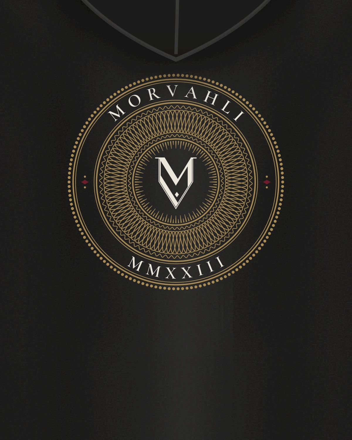 Medallion Hoodie in black, the engraved medallion on the back